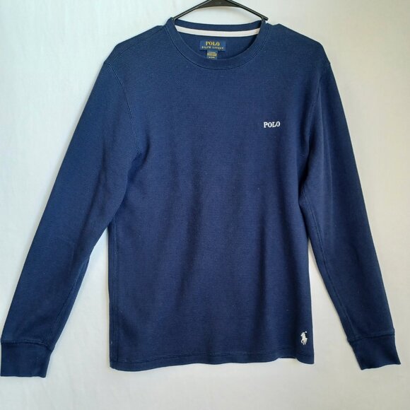 Polo Ralph Lauren Shirt Navy Blue Waffle Knit Pullover Long Sleeve Tee Mens Med - Picture 8 of 9